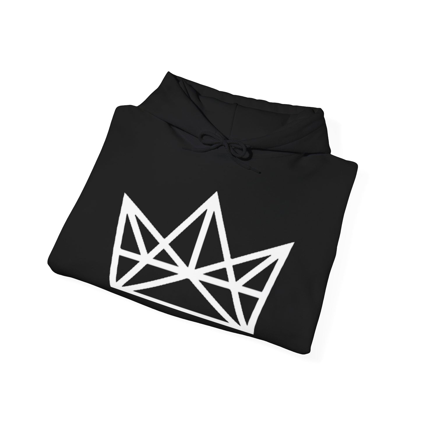 Black hoodie with geometric white logo on a white background