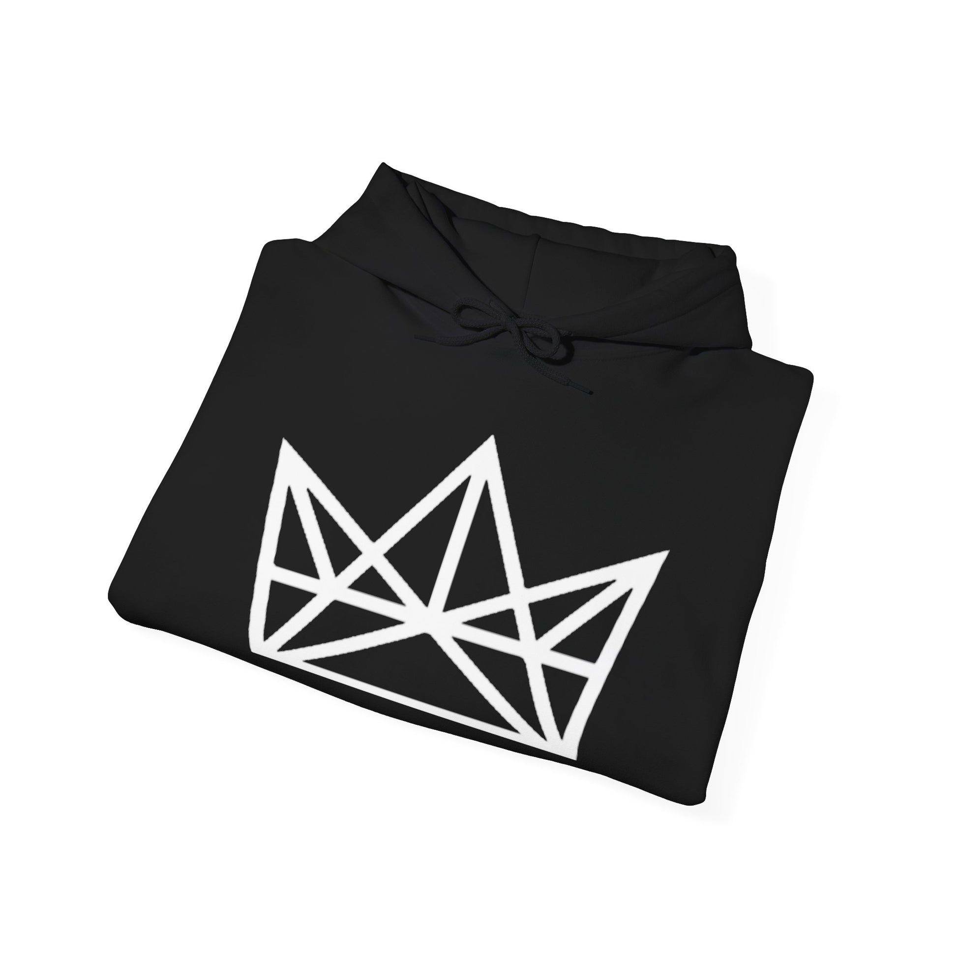 Black hoodie with geometric white logo on a white background