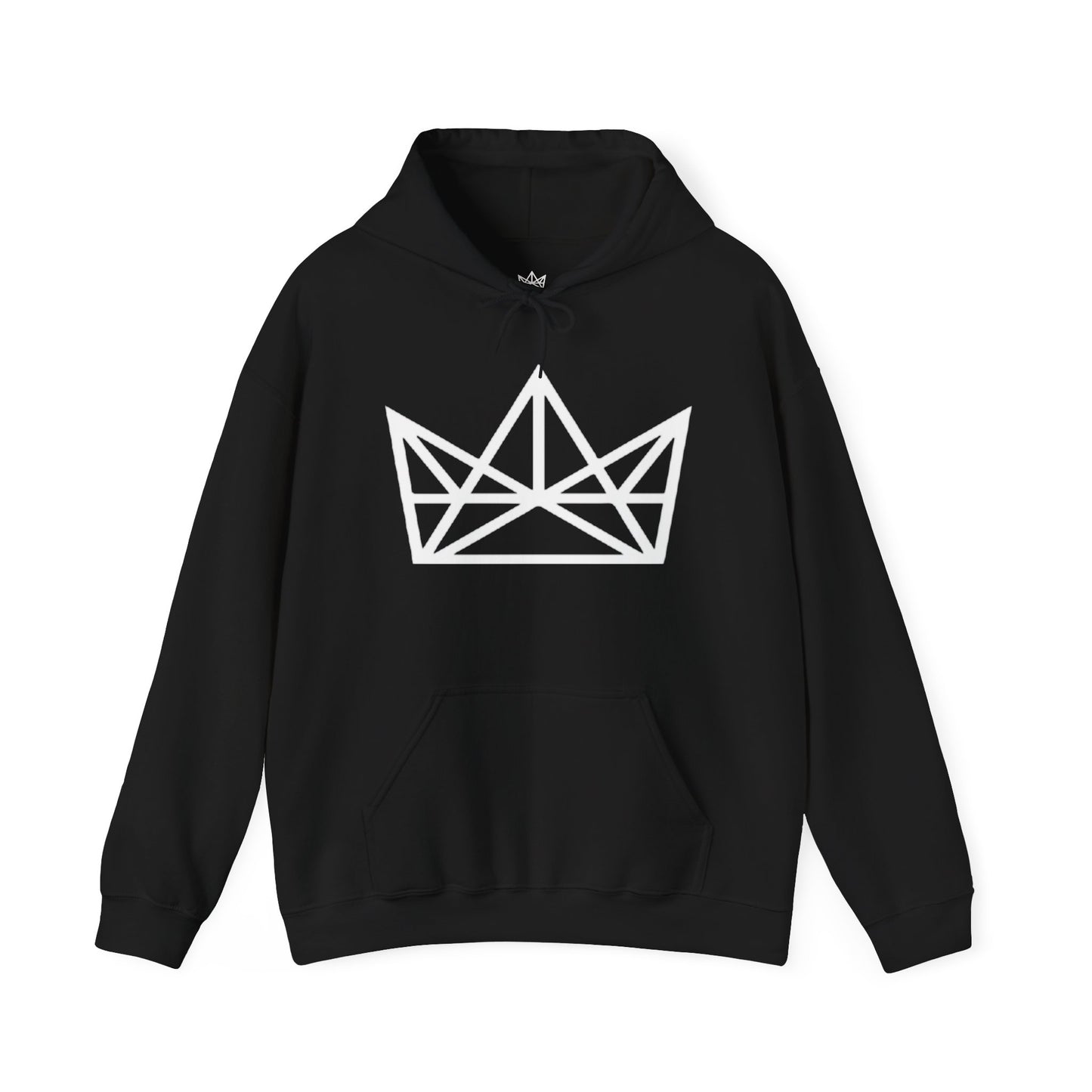 Black hoodie with a white geometric crown design on a white background