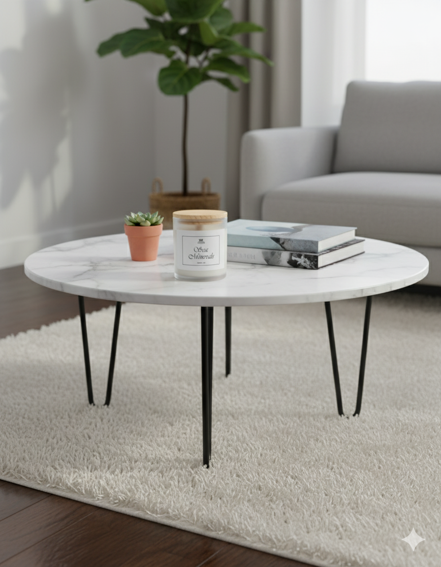 Round marble coffee table with black legs in a living room setting.